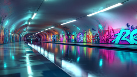Underground pedestrian walkway with neon lights and graffiti on the wallsの写真素材