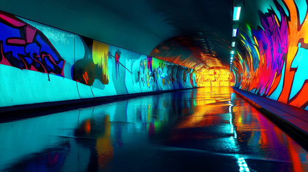 abstract scene of a tunnel with graffiti on the walls and reflections