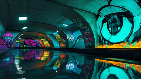 Futuristic underground tunnel with colorful neon lights and reflections in the water