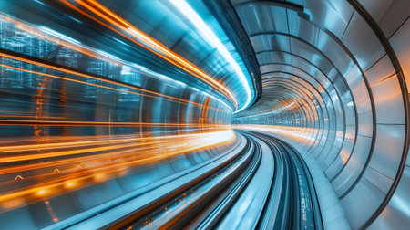abstract tunnel with speed motion blur in blue and orange tones.の写真素材