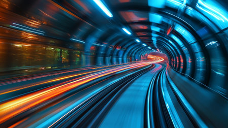 abstract motion blur of moving train in tunnel,blue tonedの写真素材