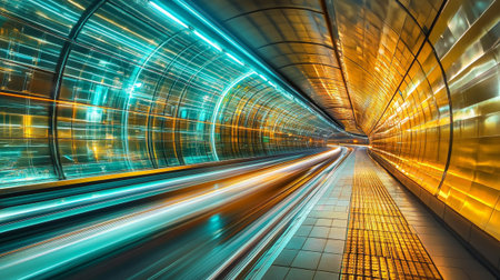 Motion blur of moving car in tunnel at night. Concept of speed and movement.の写真素材