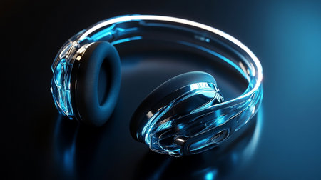 Headphones with blue neon light on black background. 3D renderingの写真素材