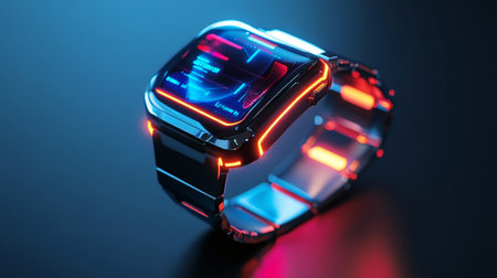 Futuristic smart watch with blue and red light on a black backgroundの写真素材