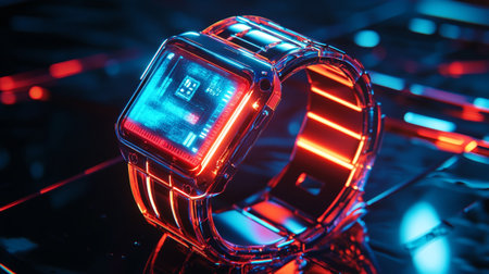 Futuristic wristwatch with blue and red neon light. 3d renderingの写真素材