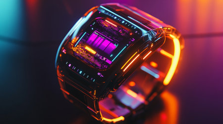 Close up view of a modern smart watch with blue and red neon lightsの写真素材