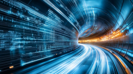 Futuristic high speed road tunnel with light trails. 3d rendering