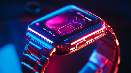 Futuristic smart watch with blue and red light, close up
