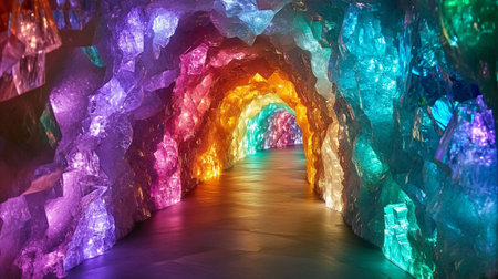 Colorful tunnel in the park, illuminated by multicolored lightsの写真素材