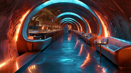 Interior of a modern underground cafe in Prague, Czech Republic.の写真素材
