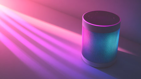 Blue wireless speaker on a purple background with rays of light. 3d rendering