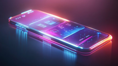 Mobile phone with blue and pink neon light. 3D Rendering