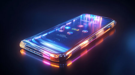 smartphone with neon light on the screen, 3d render illustration