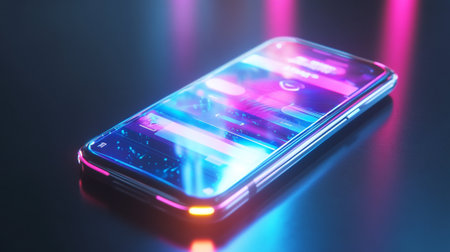 Smartphone with blue and pink neon light on a black background.