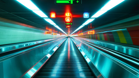 Moving escalator with neon light in the tunnel. 3d renderingの写真素材