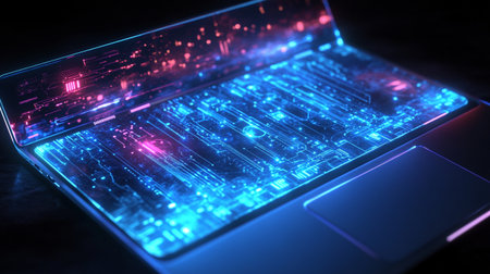Futuristic laptop with blue lights on dark background 3D rendering