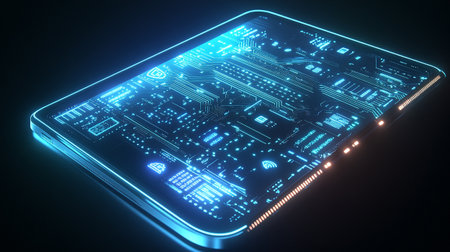 Smartphone with circuit board on dark background. 3D Rendering