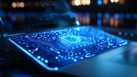 Close up of a laptop with circuit board, 3d rendering toned image