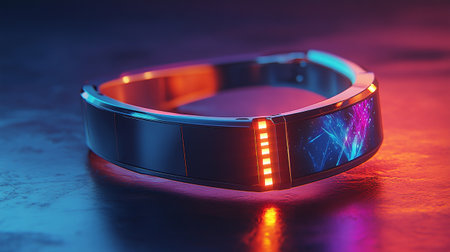 Futuristic smart watch with blue and red neon lights. 3d renderingの写真素材