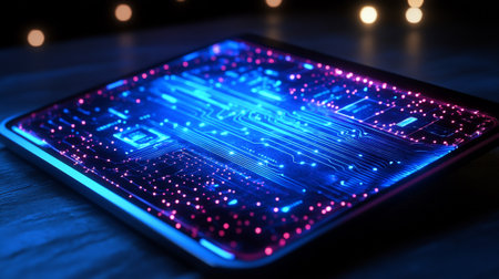 Close up of tablet pc with blue glowing circuit board on dark backgroundの写真素材