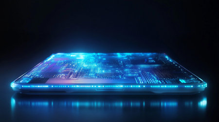 Smartphone with blue neon light on black background. 3D renderingの写真素材