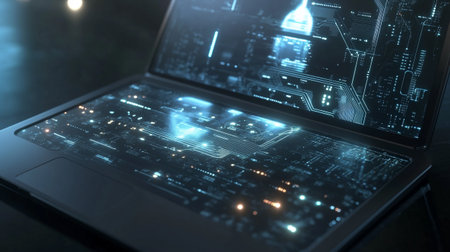 Close up of laptop with glowing hologram. 3D Renderingの写真素材