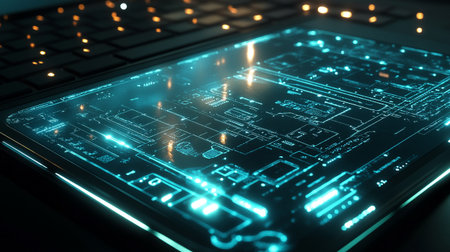 Futuristic user interface on a laptop, 3d rendering toned imageの写真素材