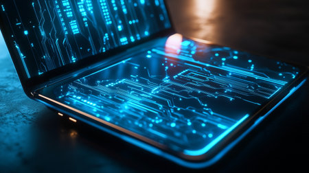 Close up of laptop with circuit board on screen. Technology concept. 3D Rendering