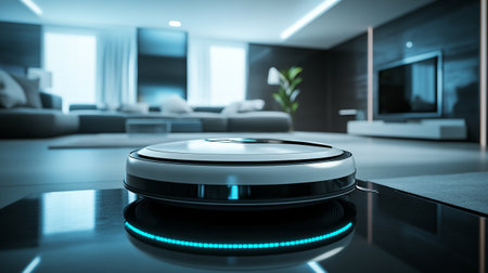 Robot vacuum cleaner in the living room. 3d rendering.の写真素材