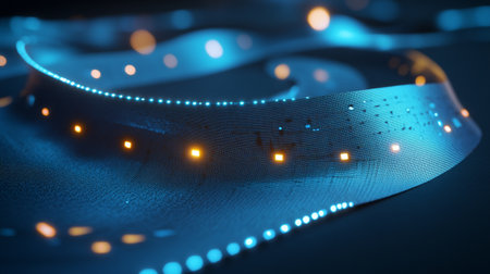 Blue led strip on dark background, 3d rendering toned imageの写真素材