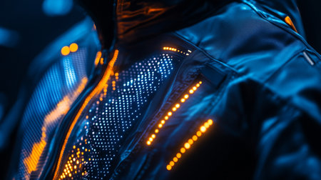 Close-up of a dark blue hooded sweatshirt with a black hood and led lights.の写真素材
