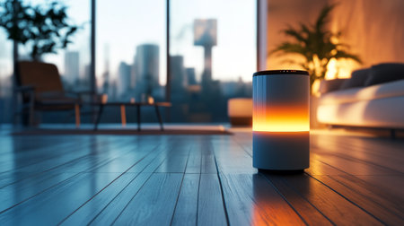 Modern air purifier on the wooden floor in living room. 3d renderingの写真素材