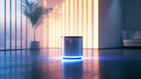 3d rendering of a blue robot vacuum cleaner standing in the roomの写真素材