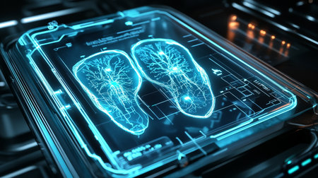 Glowing human kidneys hologram on smartphone screen. 3D renderingの写真素材