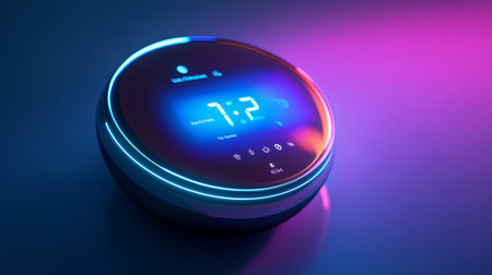 3d rendering of a digital wristwatch with blue and pink lightsの写真素材