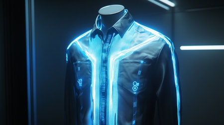 Mannequin wearing a blue shirt on a dark background. 3d renderingの写真素材