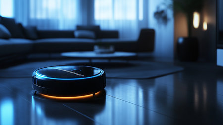 Robot vacuum cleaner on the floor in the living room. 3d renderingの写真素材