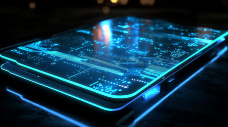 Close up of smart phone with circuit board. Technology concept. 3D Rendering