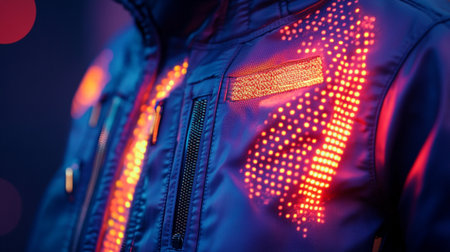 Close up of a man's jacket with neon lights on it.の写真素材