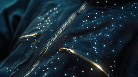 Close up of a blue leather jacket with shiny sequins, macro