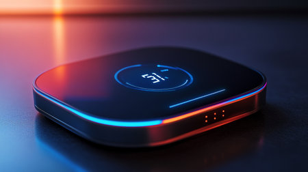 3D rendering of a wireless charger on a black background with blue light