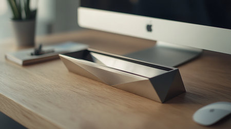Close-up of wooden table with computer and coffee cup in modern office