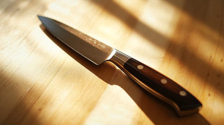 Kitchen knife on wooden table with sunlight and shadow. Selective focus
