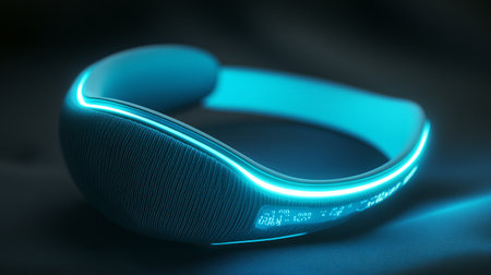 Wireless headphones on a dark background. 3D rendering. Neon light.の写真素材