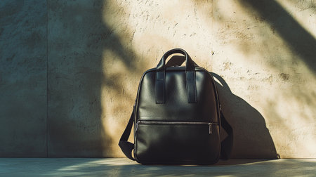 Black leather backpack on concrete floor with shadow of tree and sunlight.の写真素材