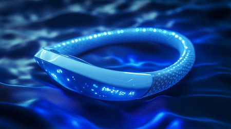 3d render of blue bracelet on blue background with bokeh effectの写真素材
