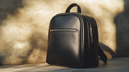 Black leather backpack on a wooden background. Backpack on the floor.の写真素材