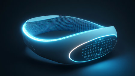 Glowing blue neon fitness mat on dark background. 3D renderingの写真素材