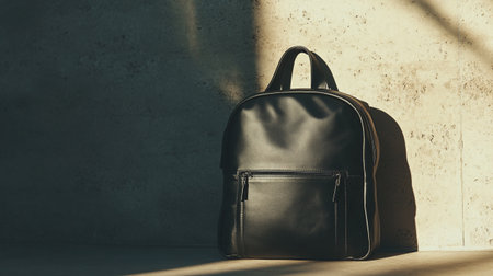 Black leather backpack on concrete wall background. 3d render illustration.の写真素材