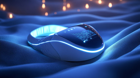 3d rendering of a computer mouse on a blue background with lightsの写真素材